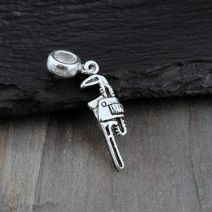 Pipe Wrench European Dangle Bead Charm - Sterling Silver Pipe Monkey Wrench Charm for European Bracelet