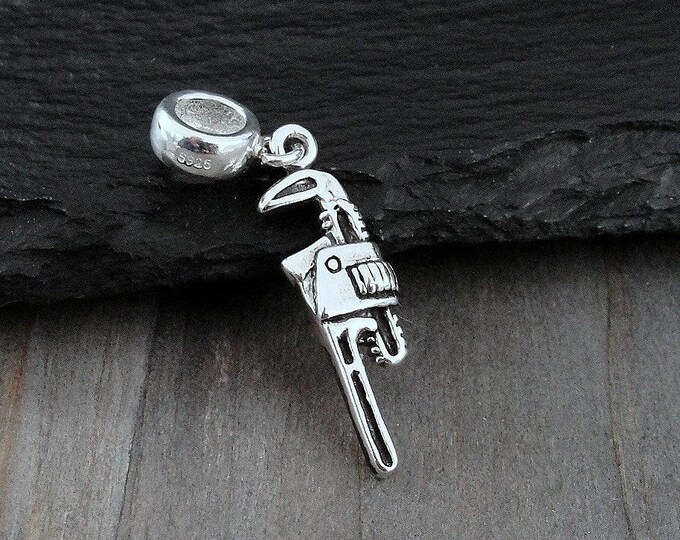 Pipe Wrench European Dangle Bead Charm - Sterling Silver Pipe Monkey Wrench Charm for European Bracelet