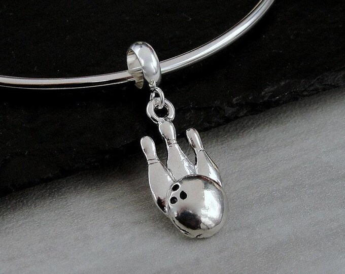 Silver Bowling Dangle Charm,  Bowling Ball Charm, Bowling Pins Charm, Bowler Dangle Charm, Bracelet Charm, Large Hole Bead, Big Hole Bead