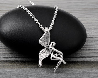 925 Sterling Silver Fairy Necklace, 3D Fairy Charm Necklace, Pixie Charm Necklace, Silver Fantasy Fairytale Charm Jewelry, Fairy Gift