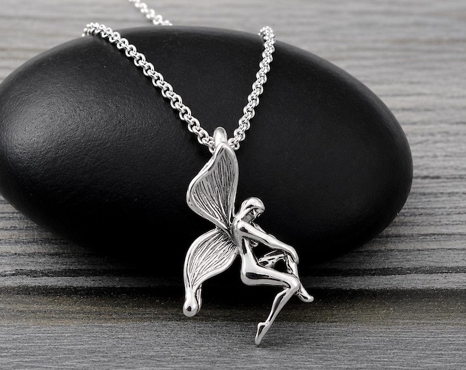 925 Sterling Silver Fairy Necklace, 3D Fairy Charm Necklace, Pixie Charm Necklace, Silver Fantasy Fairytale Charm Jewelry, Fairy Gift