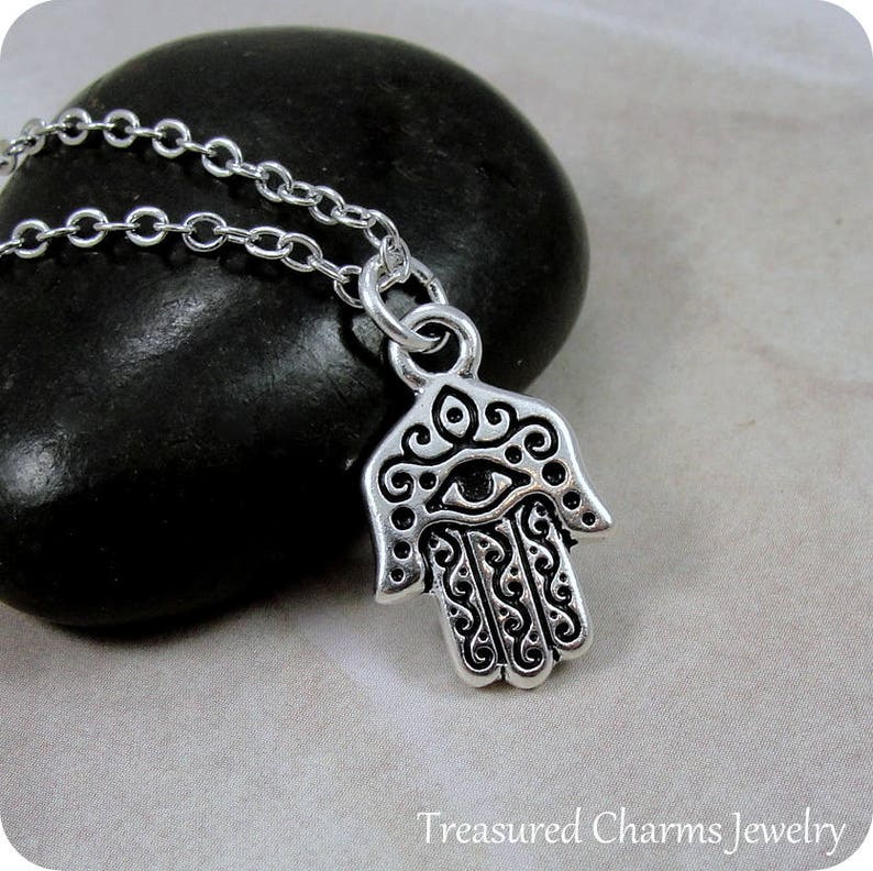 Hamsa Necklace, Silver Hamsa Charm on a Silver Cable Chain image 1