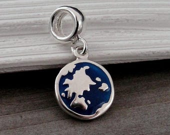 925 Sterling Silver and Blue Enamel Blue Earth Dangle Charm, Blue Globe European Charm, World Travel Charm, World Map Charm, Traveler Charm