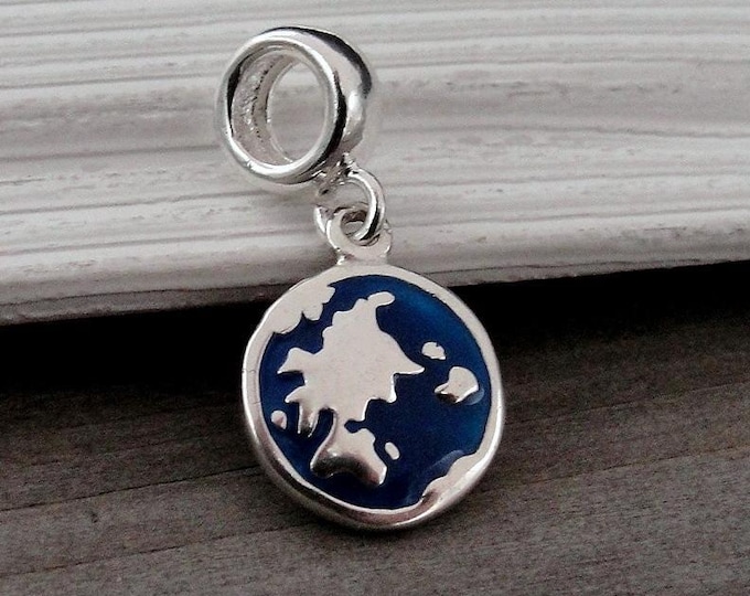 925 Sterling Silver and Blue Enamel Blue Earth Dangle Charm, Blue Globe European Charm, World Travel Charm, World Map Charm, Traveler Charm