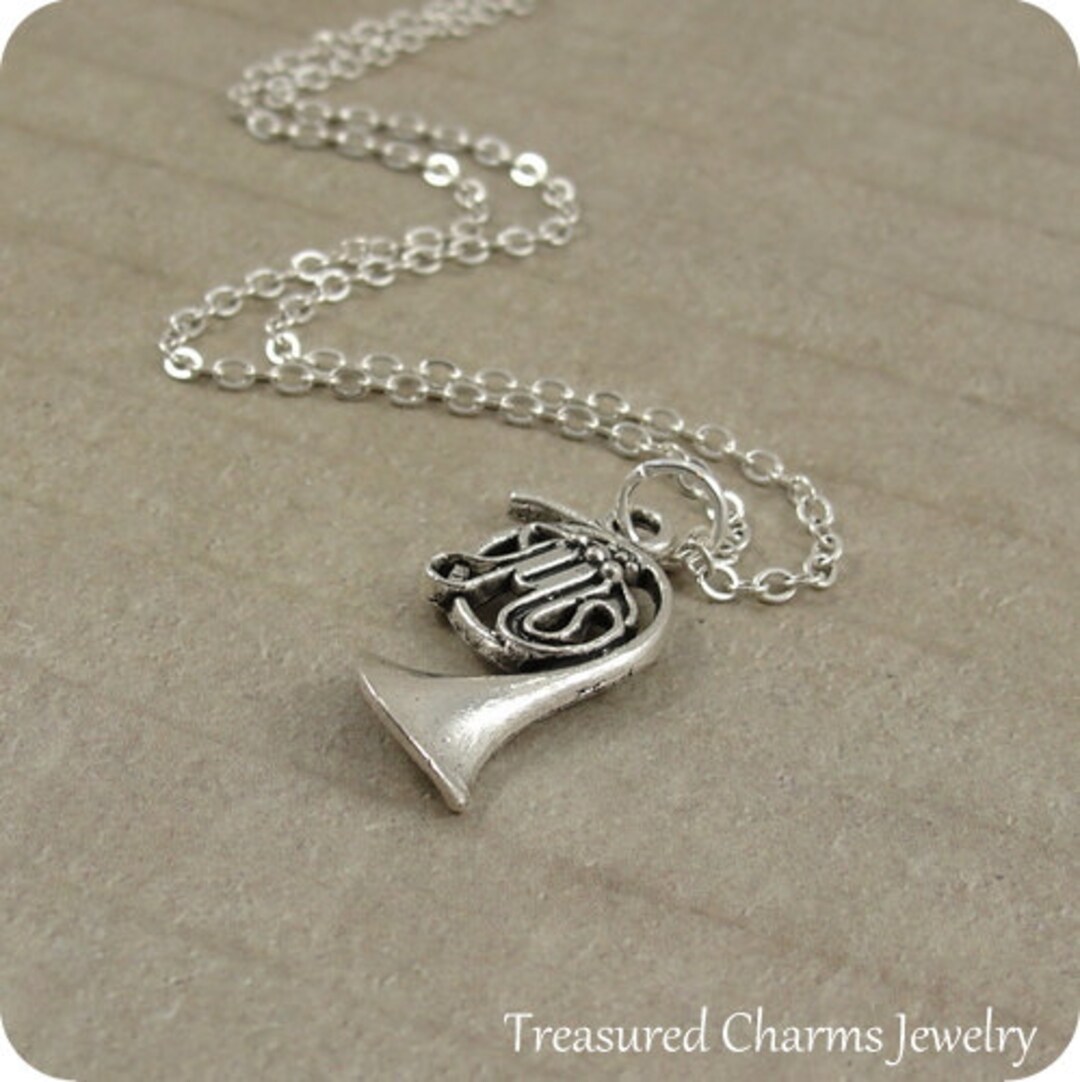 French Horn Necklace, Silver Plated French Horn Charm on a Silver Cable