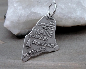 925 Sterling Silver State of Maine Charm, Maine Shaped Charm, Portland Charm, Augusta Charm, Bangor Charm, Maine Souvenir GIft