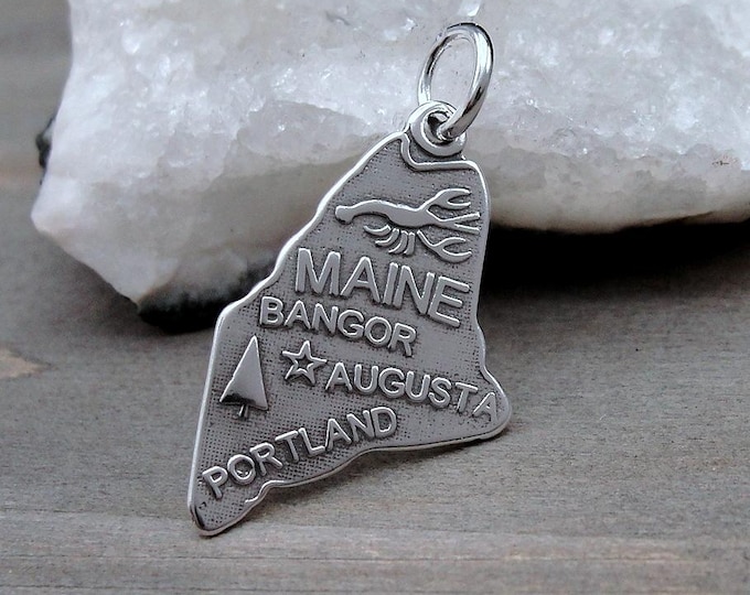 925 Sterling Silver State of Maine Charm, Maine Shaped Charm, Portland Charm, Augusta Charm, Bangor Charm, Maine Souvenir GIft