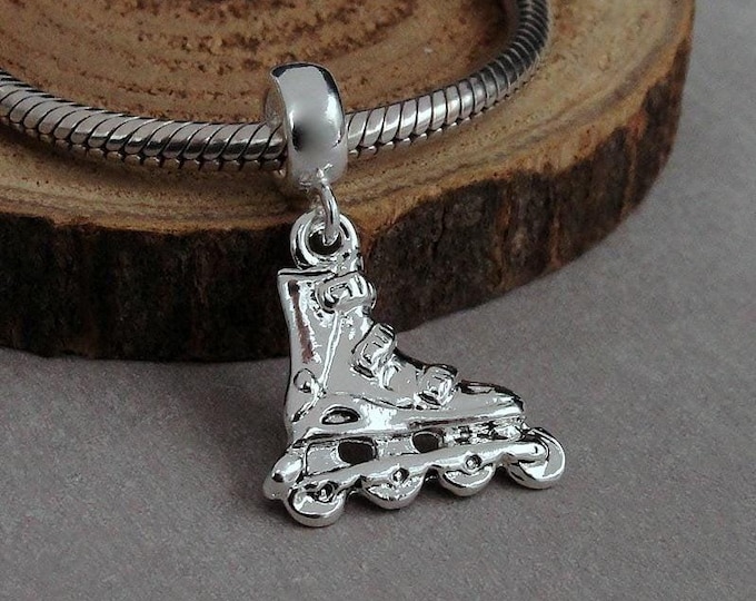 Inline Skates European Charm, Silver Rollerblaes Dangle Charm, Rollerblading Charm with Bail, Inline Skate Large Hole Bead, Skater Gift