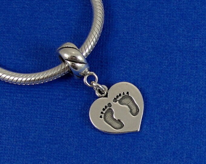 Heart with Baby Feet European Dangle Bead Charm - Sterling Silver Baby Footprints Charm for European Bracelet