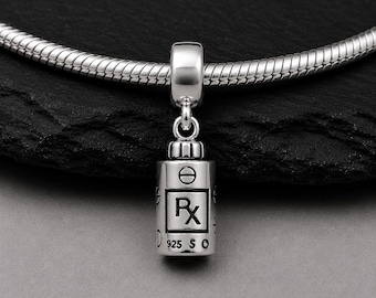 Sterling Silver RX Pill Bottle Dangle Bead Charm, 3D Pill Container Charm, Pharmacist Charm, RX Charm, Bracelet Charm, Large Hole Bead