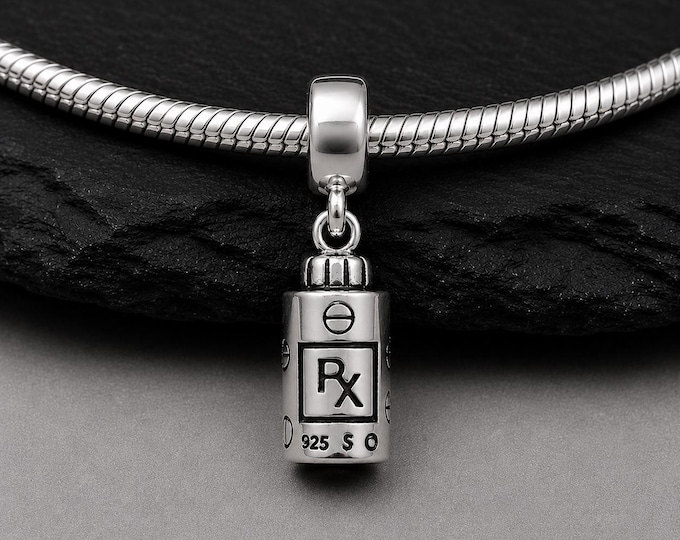 Sterling Silver RX Pill Bottle Dangle Bead Charm, 3D Pill Container Charm, Pharmacist Charm, RX Charm, Bracelet Charm, Large Hole Bead
