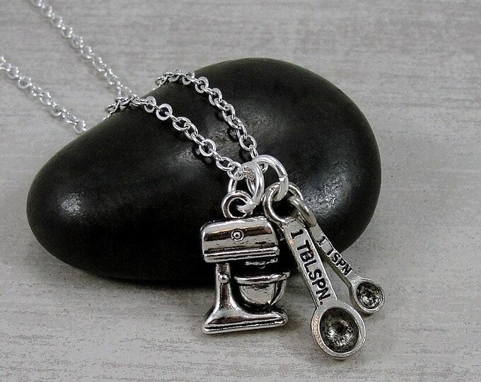Baking Necklace, Silver Kitchen Mixer Necklace, Measuring Spoons Necklace, Culinary School Gift, Baking Gift, Cooking Gift, Chef Gift