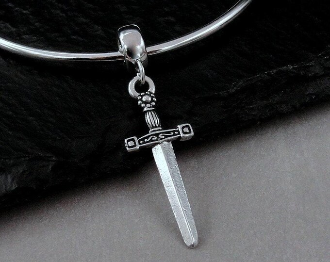 Dagger European Charm, Silver Longsword Dangle Charm, Pirate Sword Charm, Medieval Dagger Charm, Sword Large Hole Bead