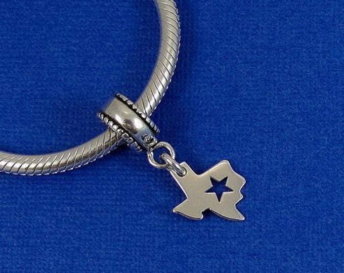CLOSEOUT - State of Texas with Star Cutout European Dangle Bead Charm - Sterling Silver Texas Charm for European Bracelet