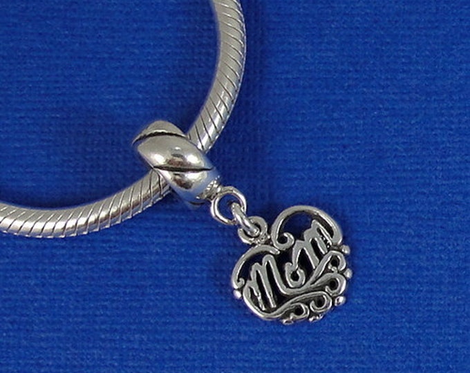 Mom Heart European Dangle Bead Charm - Sterling Silver Filigree Heart Mom Charm for European Bracelet