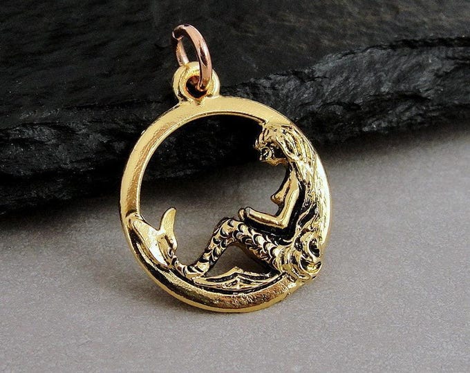 CLOSEOUT - Gold Mermaid Charm, Mermaid Pendant, Necklace Charm, Bracelet Charm, Mermaid Lover Gift, Gold Mermaid Jewelry, Mermaid Gift