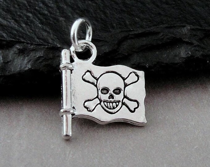 Jolly Roger Charm, Silver Pirate Flag Charm, Pirate Charm, Pirate Jewelry, Pirate Necklace Charm, Skull and Bones Flag Charm, Pirate Gift