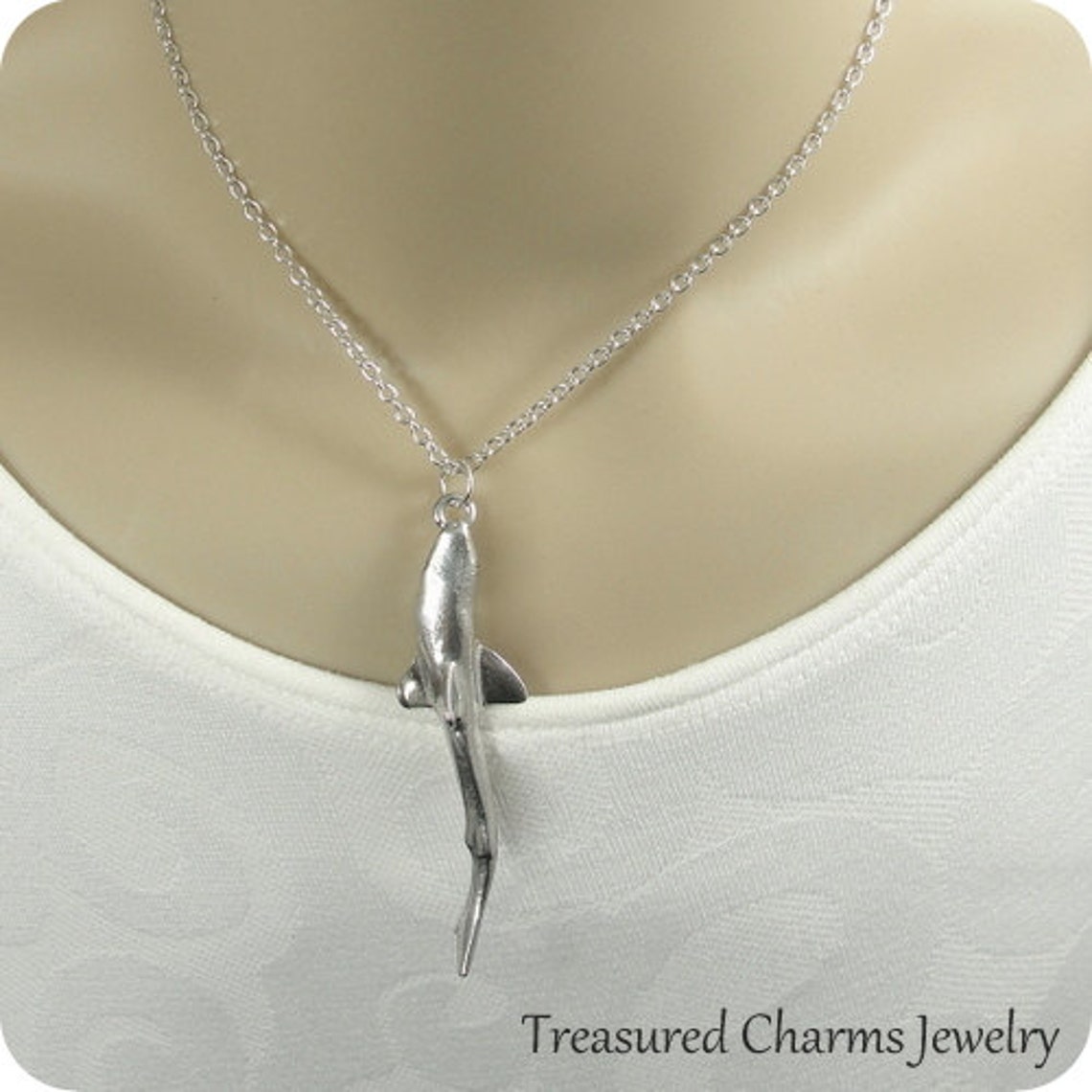 Shark Pendant Necklace Silver Shark Charm on a Silver Cable Etsy