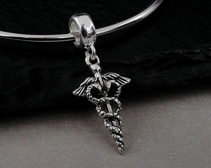 Sterling Silver Medical Caduceus European Dangle Bead Charm, Caduceus Charm, Medical Symbol Charm with Bail, Large Hole Bead, Big Hole Bead