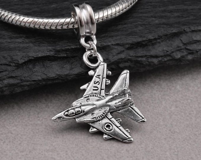 USA Fighter Jet European Charm, Silver Military Plane Dangle Charm, Fighter Aircraft Charm with Bail, Airforce Charm, Large Hole Bead