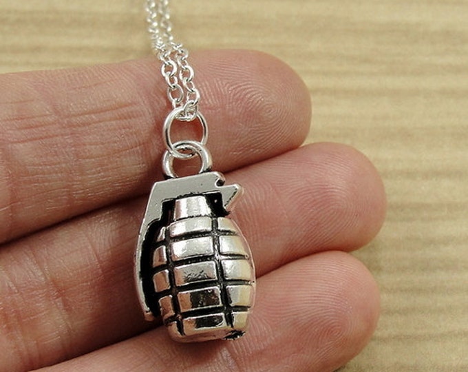 Hand Grenade Necklace, Silver Plated Grenade Charm on a Silver Cable Chain