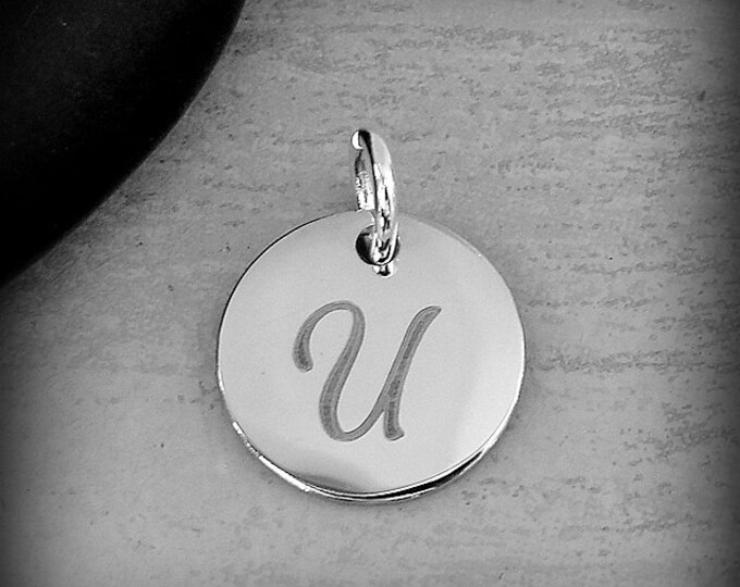 Stainless Steel Letter U Charm, Silver Engraved Letter U Round Disc Initial Charm, Cursive U Charm, Engraved Alphabet Script Font Pendant