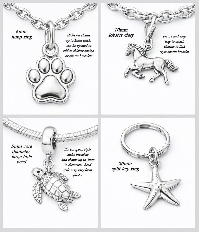 The image is a collage of four different charms, each with unique designs and sizes. The charms include a jump ring, a lobster clasp, a turtle, and a starfish.