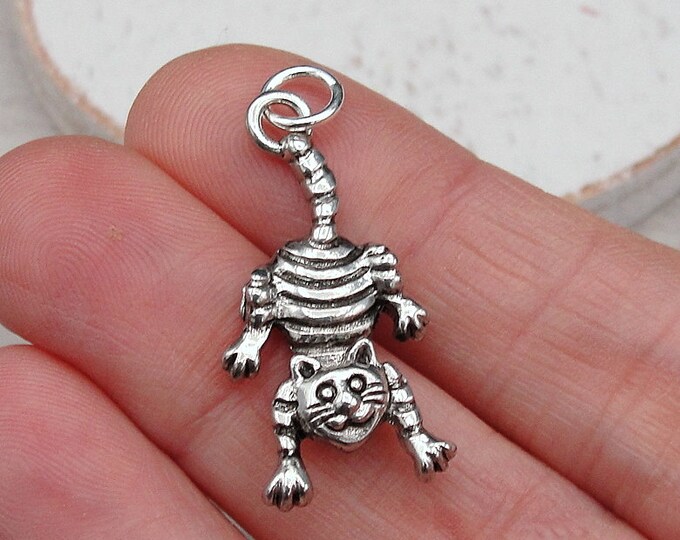 CLOSEOUT - Silver Striped Cat Charm, Kitty Cat Charm, Whimsical Cat Charm, Cat Pendant, Cat Lover Charm, Cat Lover Gift Jewelry