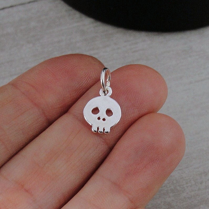 Silver Skull Charm, Tiny Skull Charm, Small Flat Skull Charm
