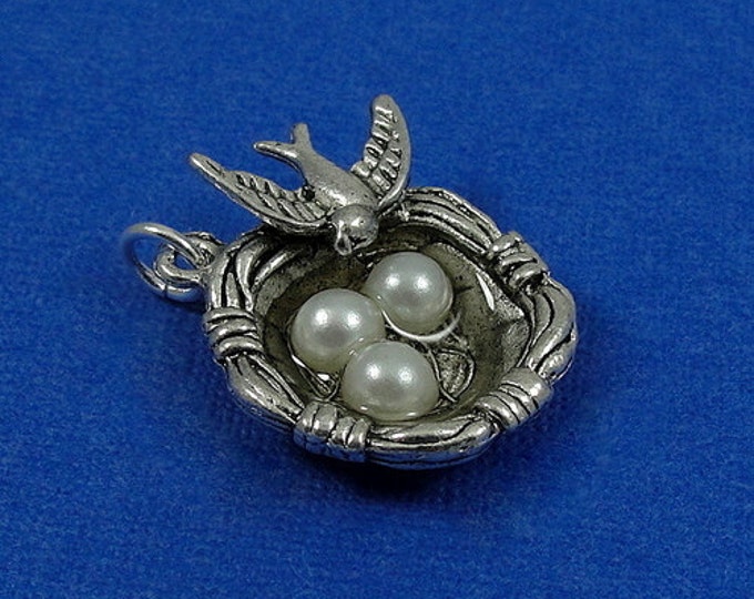 Bird's Nest Charm - Silver Bird Nest and Eggs Charm for Necklace or Bracelet