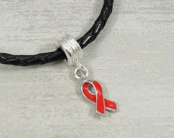 CLOSEOUT   Red Awareness Ribbon European Dangle Bead Charm - Silver and Red Awareness Large Hole Bead