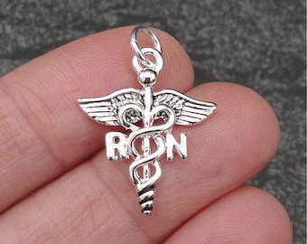 Silver Registered Nurse Charm, RN Caduceus Charm, RN Symbol Charm, Registered Nurse Necklace, Nurse Bracelet Charm, RN Gift, Nurse Gift