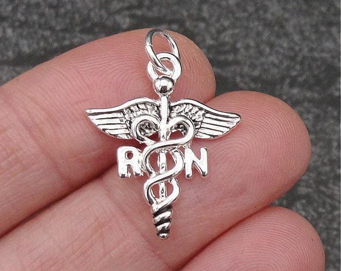 Silver Registered Nurse Charm, RN Caduceus Charm, RN Symbol Charm, Registered Nurse Necklace, Nurse Bracelet Charm, RN Gift, Nurse Gift