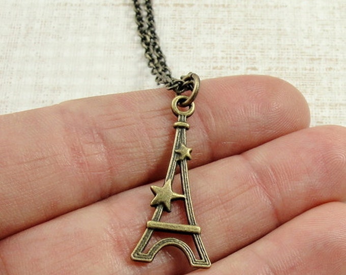 Eiffel Tower Necklace, Antique Bronze Eiffel Tower Charm on a Bronze Cable Chain