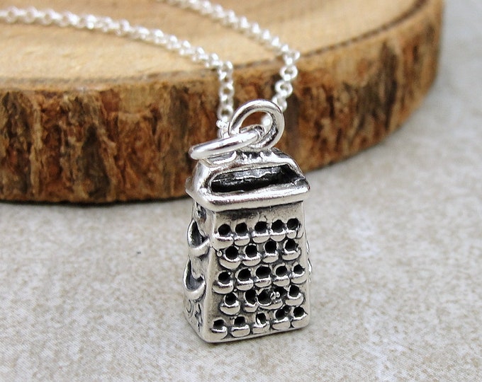 Cheese Grater Necklace, Sterling Silver 3D Cheese Shredder Charm on a Silver Cable Chain, Chef Necklace, Chef Gift, Kitchen Gadget Charm
