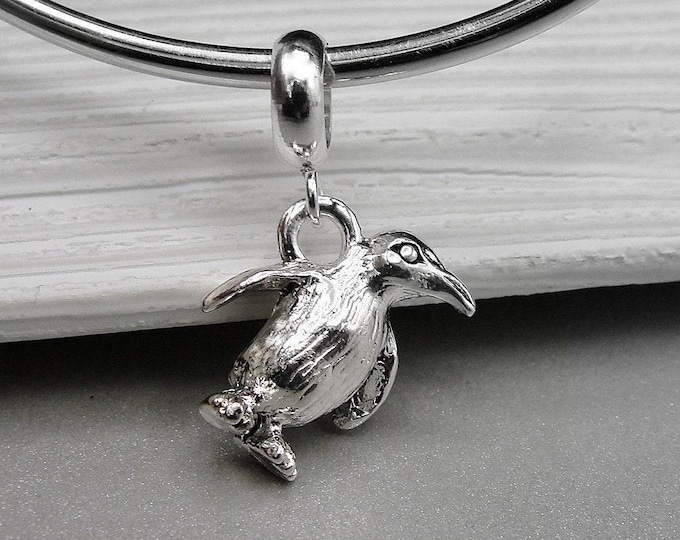Penguin European Charm, Silver Penguin Dangle Charm, Penguin Charm with Bail, Penguin Lover Charm, Snake Bracelet Charm, Large Hole Bead