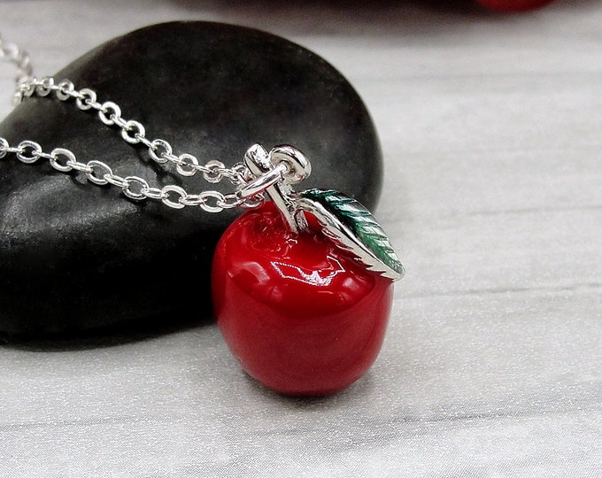 Red Apple Charm Necklace, School Teacher Necklace, Silver and Red 3D Apple Charm, Teacher Jewelry, Gift for Teacher, Teacher Gift Present