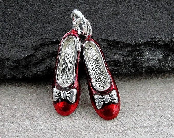 Ruby Slippers Charm, Silver and Red Ruby Slippers Necklace, Red Shoes Charm, Ruby Slippers Necklace, 3D Red Ballerina Slippers Charm