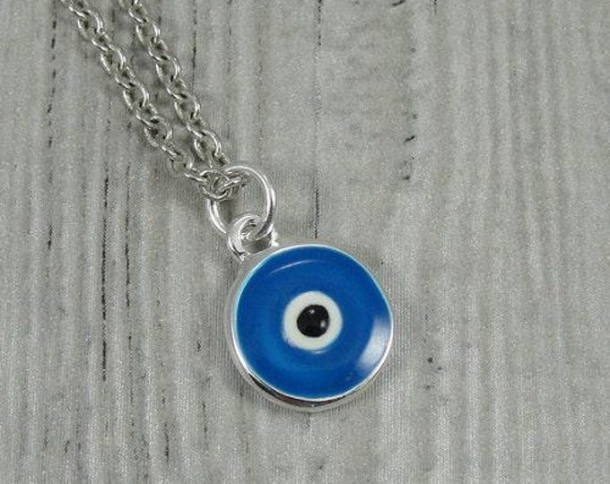 Blue Evil Eye Necklace, Silver and Blue Evil Eye Charm on a Silver Cable Chain