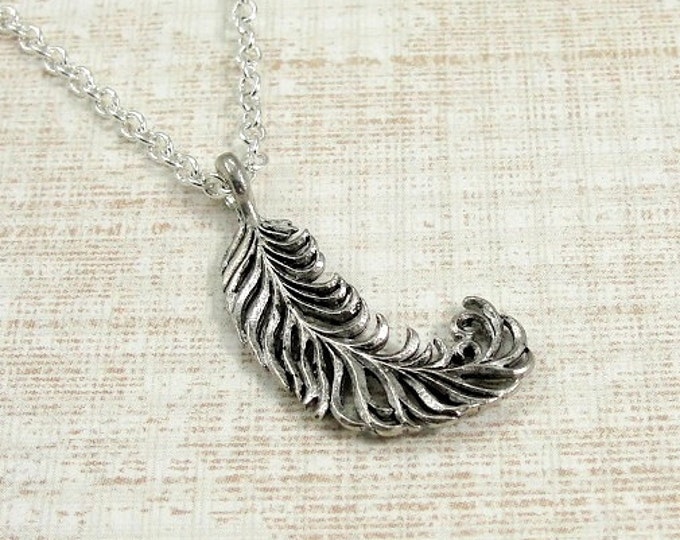 Curled Ostrich Feather Necklace, Silver Feather Plume Charm on a Silver Cable Chain