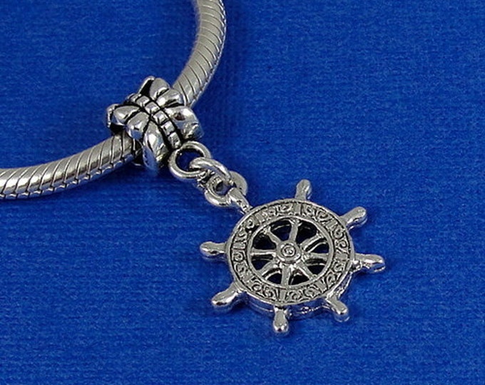 Captain's Ship Wheel European Dangle Bead Charm - Silver Ship Wheel Charm for European Bracelet