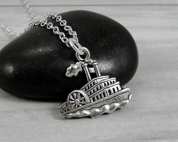 Steamboat Necklace, Silver Plated Steamship Boat Charm on a Silver Cable Chain