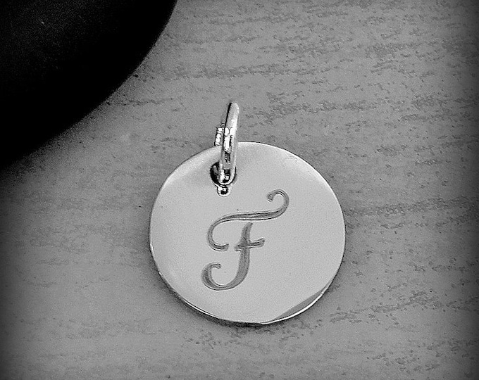 Stainless Steel Letter F Charm, Silver Engraved Letter F Round Disc Initial Charm, Cursive F Charm, Engraved Alphabet Script Font Pendant