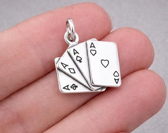 Sterling Silver Four Aces Charm, Deck of Playing Cards Charm, Poker Casino Charm, Gambling Pendant, 4 of a Kind Charm, Lucky Jewelry