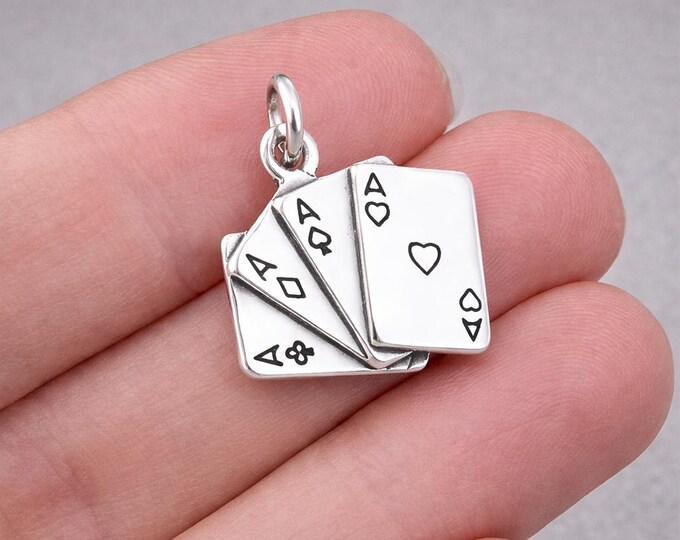 Sterling Silver Four Aces Charm, Deck of Playing Cards Charm, Poker Casino Charm, Gambling Pendant, 4 of a Kind Charm, Lucky Jewelry