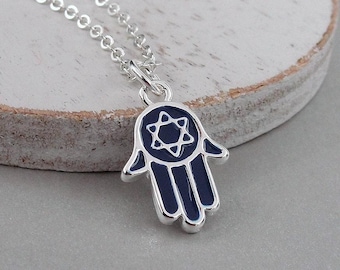Blue Star of David Hamsa Necklace, Silver Plated Hamsa Charm Necklace, Star of David Necklace, Star of David Charm, Hamsa Charm Jewelry