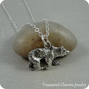 Grizzly Bear Necklace, Silver Plated Grizzly Bear Charm on a Silver Cable Chain