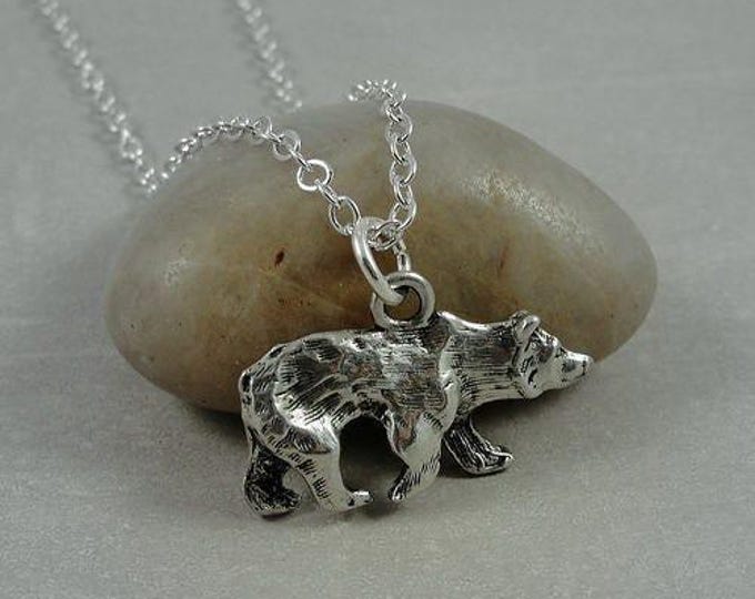Grizzly Bear Necklace, Silver Plated Grizzly Bear Charm on a Silver Cable Chain