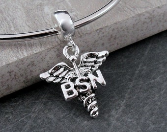 Silver BSN Caduceus Dangle Charm, BSN Nurse Symbol Charm, Bachelor
