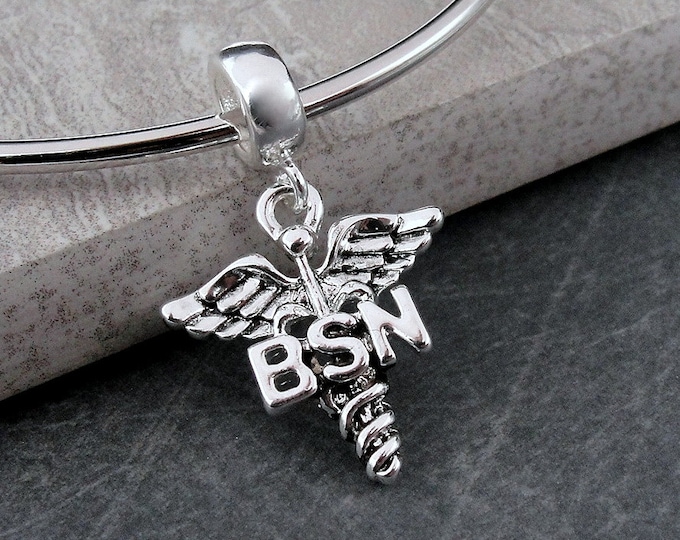 Silver BSN Caduceus Dangle Charm, BSN Nurse Symbol Charm, Bachelor of Science in Nursing Charm, Nurse Dangle Charm, Registered Nurse Gift